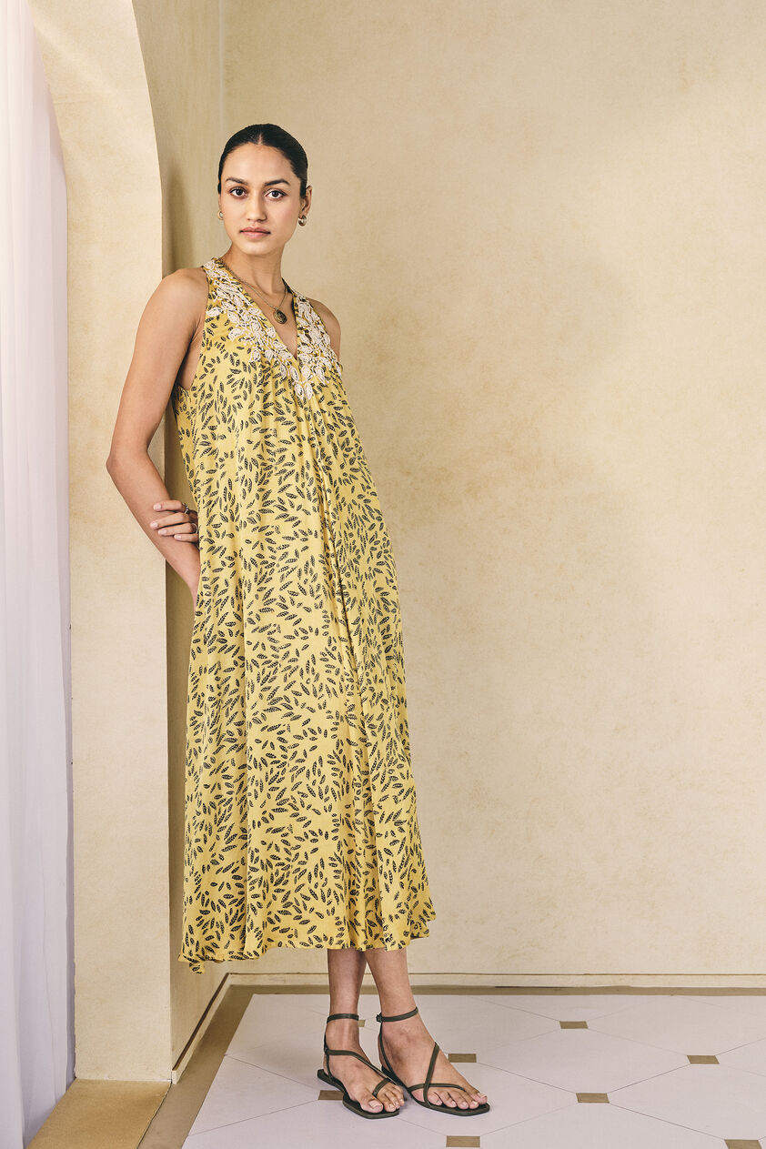 Leafbird Handcrafted Ajrakh A-Line Dress - Yellow, Yellow, image 4